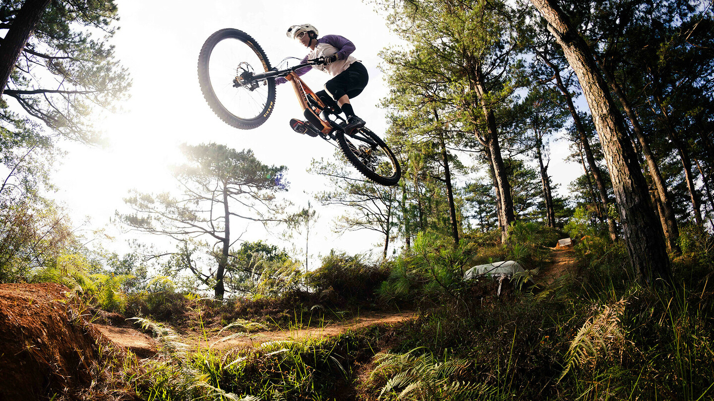 Ein Mountainbiker macht einen spektakulären Sprung über einen Hügel in einem Waldgebiet. Der Fahrer trägt Schutzkleidung und einen Helm, während die Sonne durch die Bäume scheint und den Wald in warmes Licht taucht.